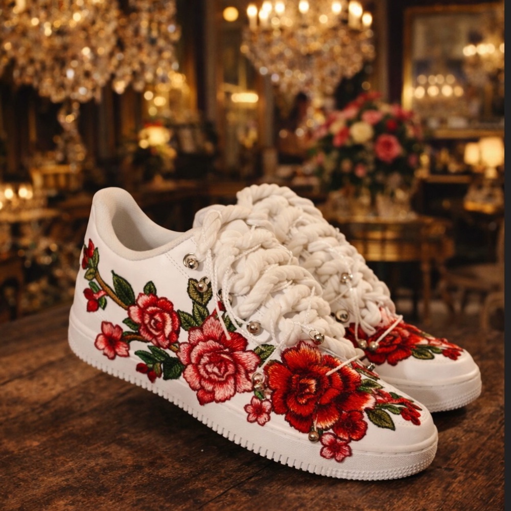Red Rose Embroidered Nike AF1 | Custom Gradient AF1 | Hand Painted Ombre Shoes